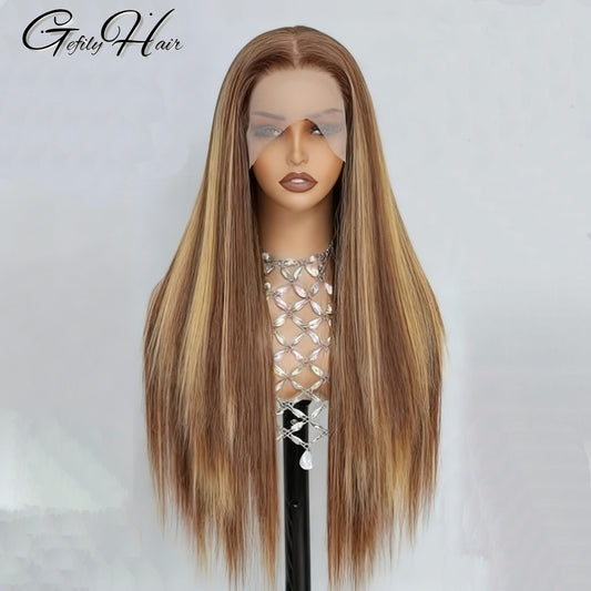 Gefily 20”-40” 360/13x6 Lace 4/27 Highlight Brown Long Straight Wig –  Sleek Long Style, Elegant and Timeless