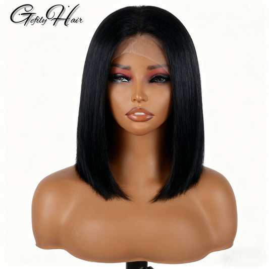 Gefily 10” 13x4 Natural Black Yaki Straight Bob Wig – HD Lace, 100% Human Hair, Perfect Everyday Style