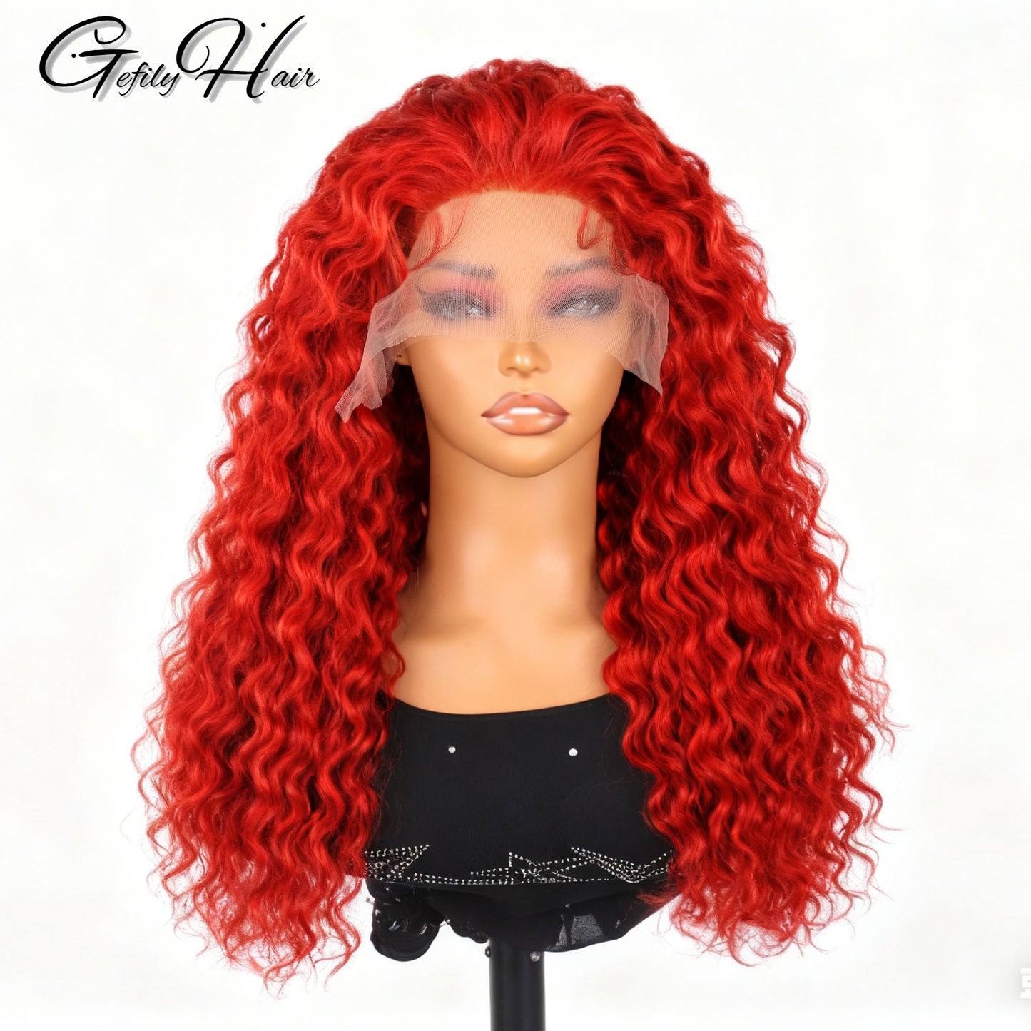 Gefily 20‘’-36‘’ 13x4 Fire Red Lace Front  Wig Curly Wave Deep Wave– Bold Color, Super Invisible Lace, 100% Human Hair, Vibrant Red Shade