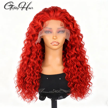 Gefily 20‘’-36‘’ 13x4 Fire Red Lace Front  Wig Curly Wave Deep Wave– Bold Color, Super Invisible Lace, 100% Human Hair, Vibrant Red Shade
