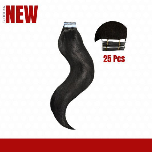 Gefily PU Tape-in Hair Extensions 18”-22” – Natural Black 100% Virgin Human Hair, Seamless & Invisible, Soft & Full