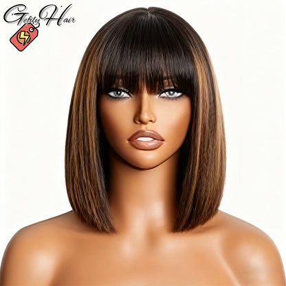 ⚡️|BigSale|Gefily 10‘’ 2x1 4/27 Highlight Brown Bob Glueless Wig w/ Bangs