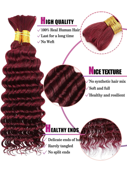 Gefily 16’’–26’’ Braiding Hair #99J Burgundy Red Deep Curly Wave Hair – 100% Virgin Human Hair, Soft & Full