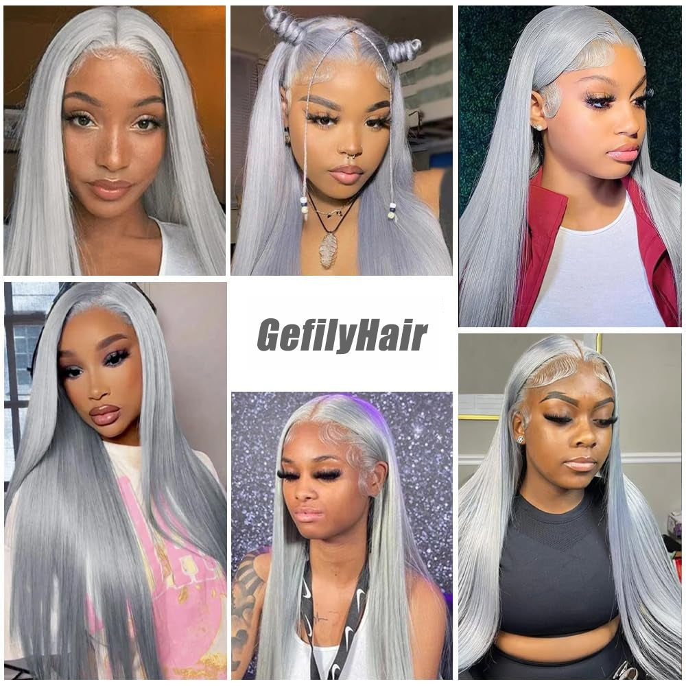 Gefily 20’’–36’’ 13x4 Lace Front Wig Silver Grey Straight – Ultra Invisible Lace, 100% Human Hair, Chic & Modern Silver Style