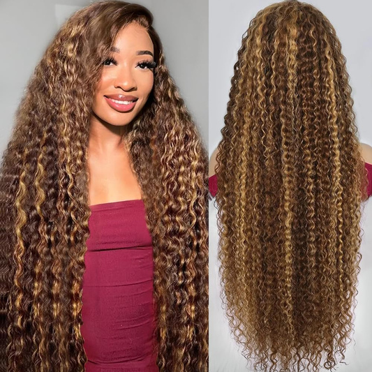 Gefily 20‘’-36‘’ 13x6 4/27 Highlight Ombre Honey Blonde Lace Front Wig Curly & Deep Wave -100%Human Hair,Lightweight & Comfortable, Shine-Enhancing Highlights