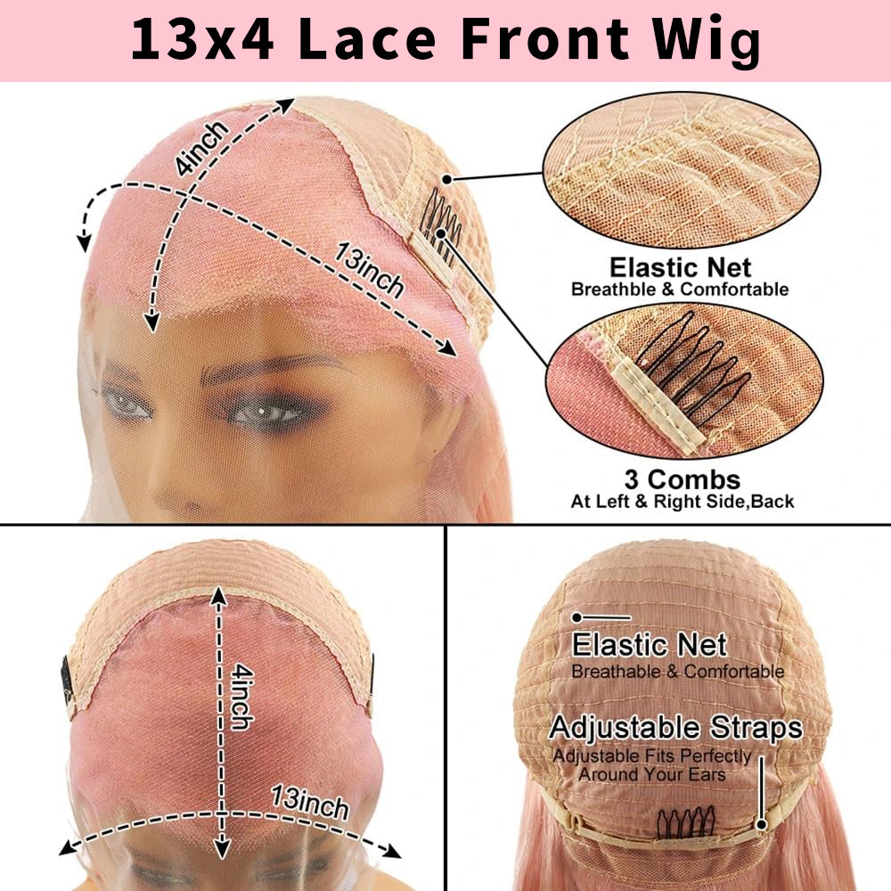 Gefily-Colorful Pink 13x4 Lace 10 Inch Straight Bob Wig Human Hair