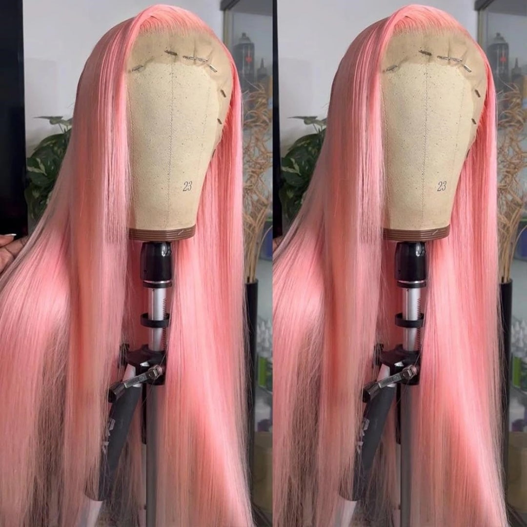 Gefily-Pink Long Straight Human Hair Super Invisible Lace Front Wigs