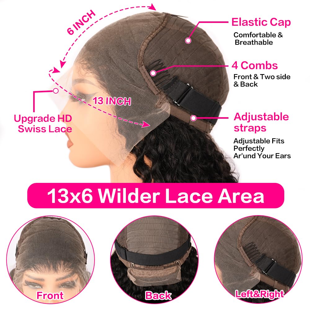 Gefily 20‘’-40‘’ 13x6 Natural Black Lace Front Wig Curly Wave Deep Wave– Bold Color, Super Invisible Lace, 100% Human Hair, Vibrant Red Shade