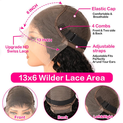 Gefily 20‘’-40‘’ 13x6 Natural Black Lace Front Wig Curly Wave Deep Wave– Bold Color, Super Invisible Lace, 100% Human Hair, Vibrant Red Shade