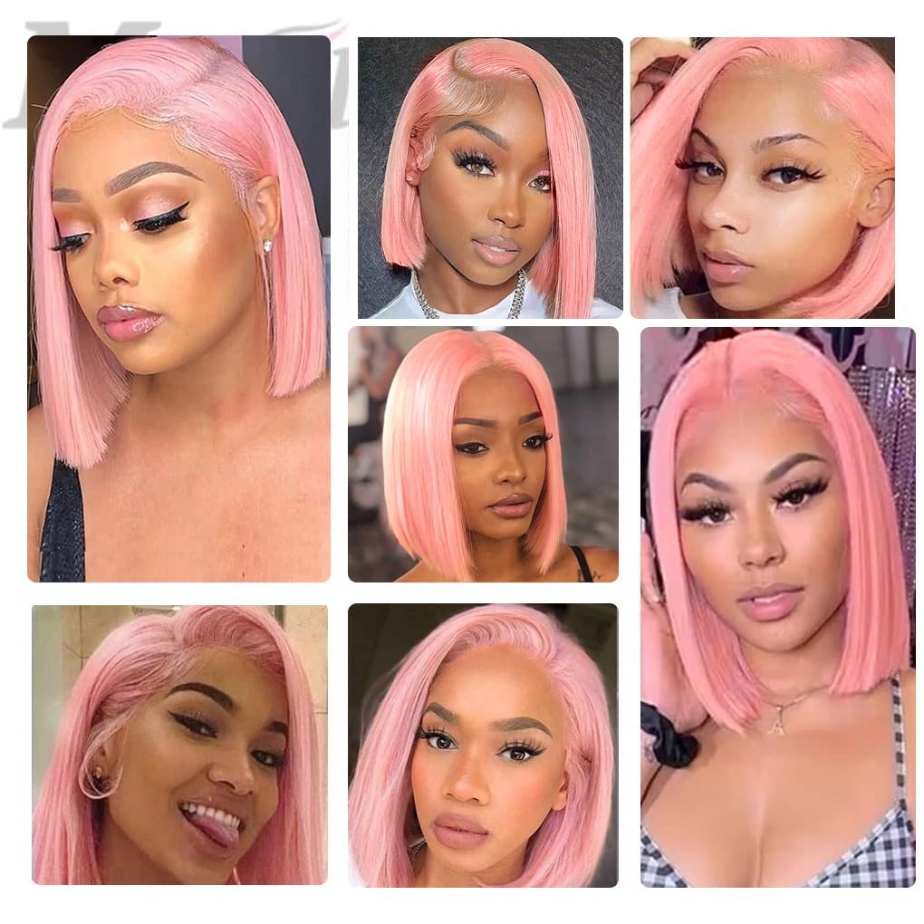 Gefily-Colorful Pink 13x4 Lace 10 Inch Straight Bob Wig Human Hair