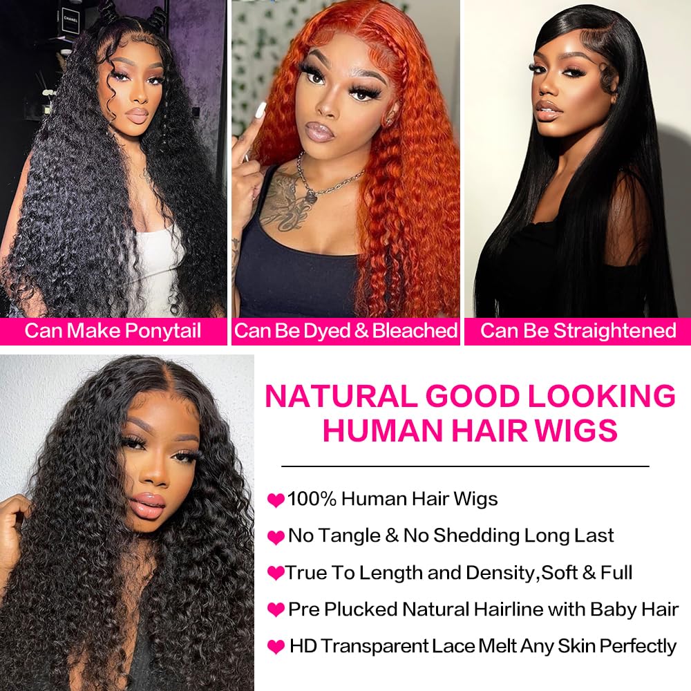 Gefily 20‘’-40‘’ 13x6 Natural Black Lace Front Wig Curly Wave Deep Wave– Bold Color, Super Invisible Lace, 100% Human Hair, Vibrant Red Shade