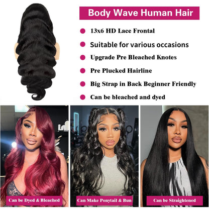 Gefily 20’’–40’’ 13x6 Natural Black Body Wave Lace Front Wig – Silky Waves, Full Body, Everyday