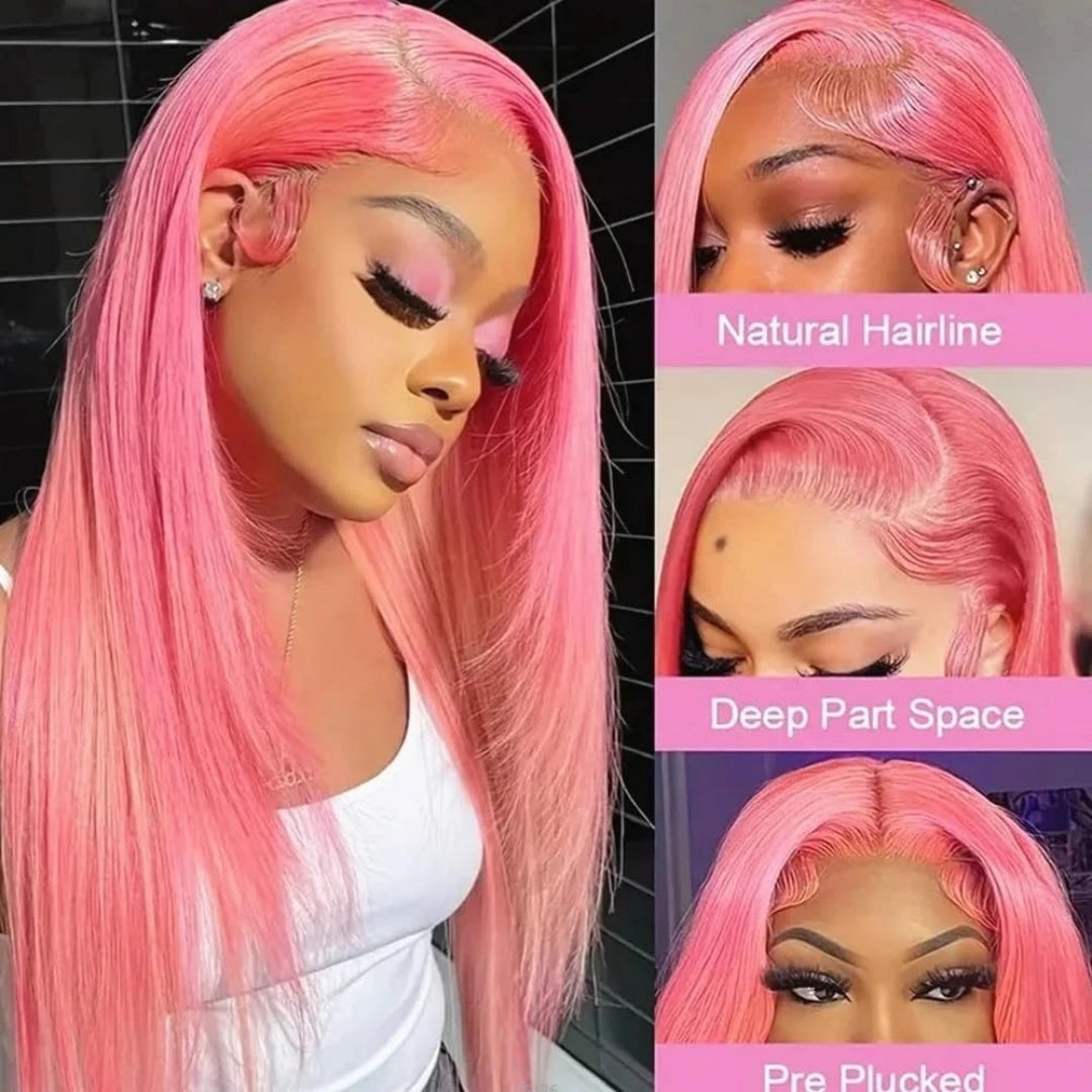 Gefily-Pink Long Straight Human Hair Super Invisible Lace Front Wigs