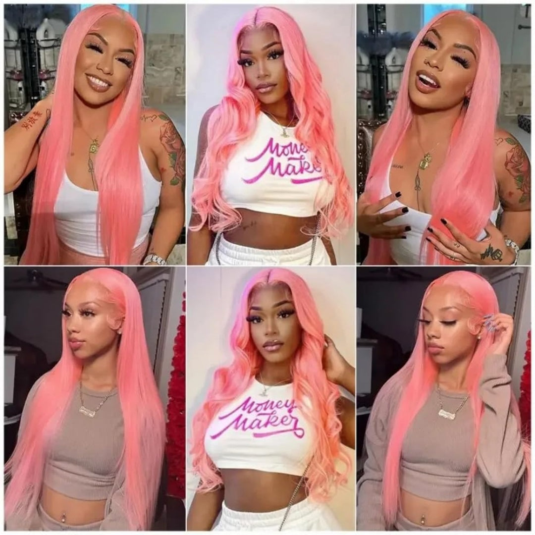 Gefily-Pink Long Straight Human Hair Super Invisible Lace Front Wigs