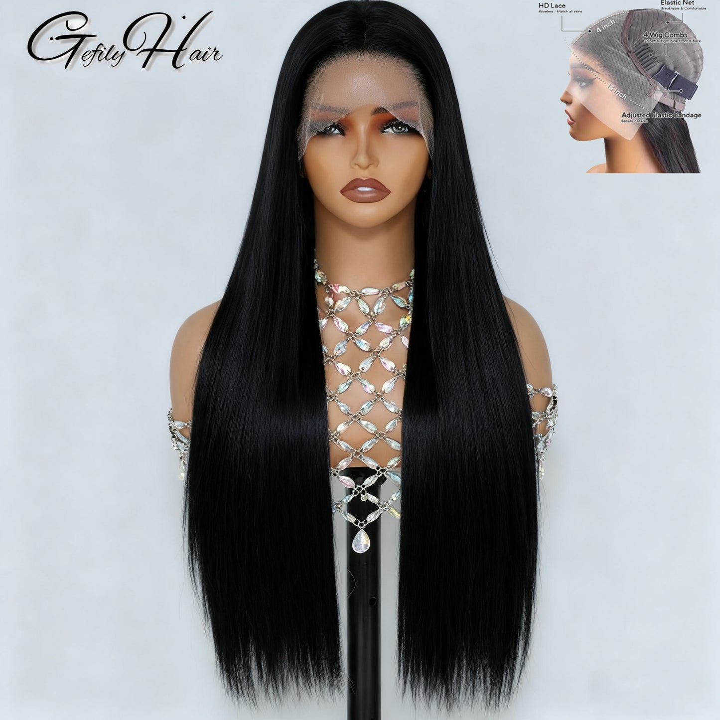 Gefily 20”-40” 13x6 Lace Natural Black Long Straight Wig – Sleek Long Style, Elegant and Timeless