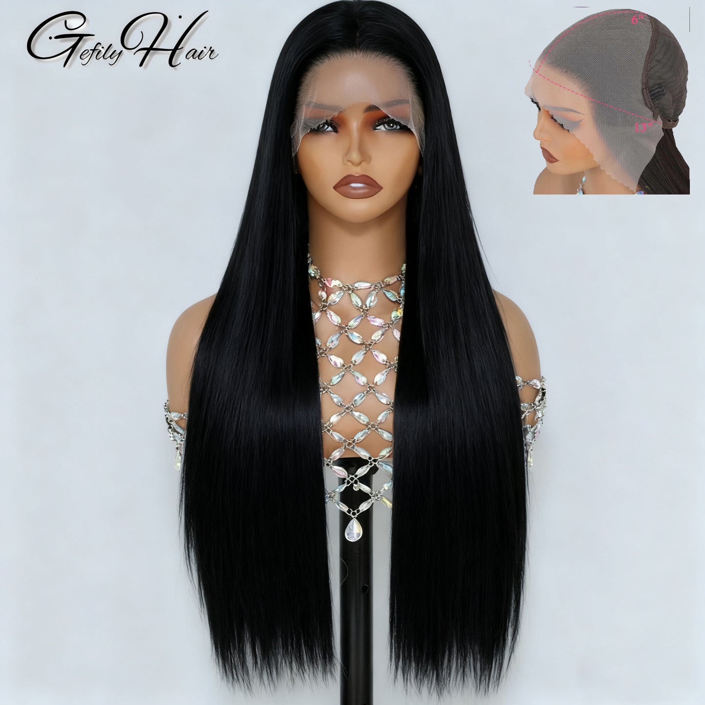 Gefily 20”-40” 13x6 Lace Natural Black Long Straight Wig – Sleek Long Style, Elegant and Timeless
