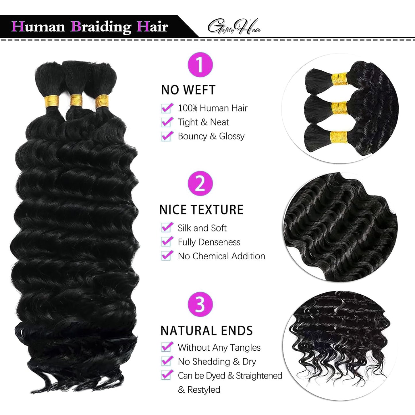Gefily 16’’–26’’ Braiding Hair Natural Black Deep Curly Wave Hair –Smooth Flow, True to Length, Natural Black Beauty