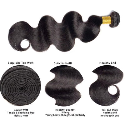 Gefily 16’’–30’’ 10A Classic Natural Black Body Wave Bundles Brazilian Hair – 100% Virgin Brazilian Human Hair, Soft, Full & Silky