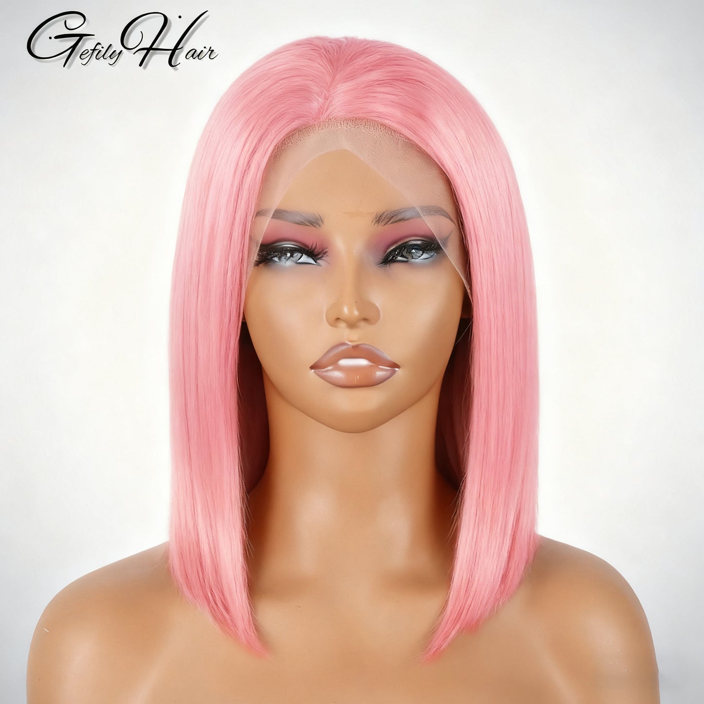 Gefily 10” 13x4 Pink Straight Bob Wig – HD Lace, 100% Human Hair,Cosplay Colorful Style