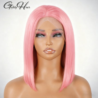 Gefily 10” 13x4 Pink Straight Bob Wig – HD Lace, 100% Human Hair,Cosplay Colorful Style