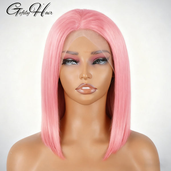 Gefily 10” 13x4 Pink Straight Bob Wig – HD Lace, 100% Human Hair,Cosplay Colorful Style