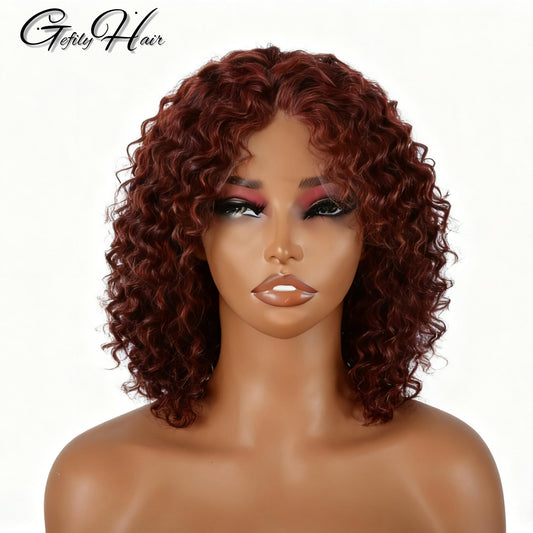 Gefily 12” 5x5 Red Brown Curly Bob Guleless Wig – Bye Bye Knots, Glueless, 100% Human Hair, Natural