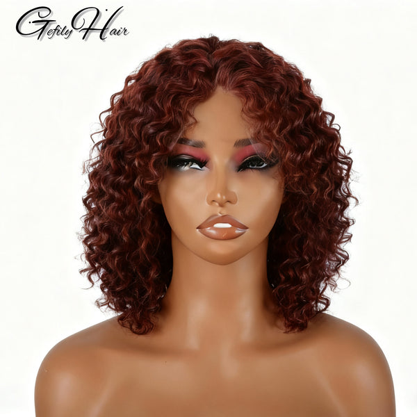 Gefily 12” 5x5 Red Brown Curly Bob Guleless Wig – Bye Bye Knots, Glueless, 100% Human Hair, Natural