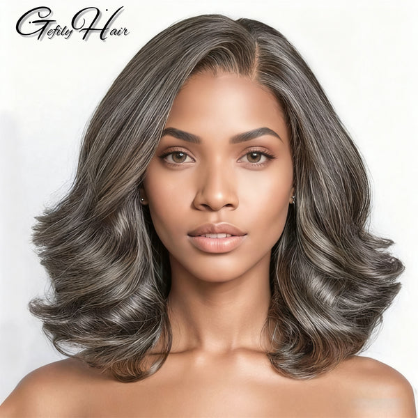Gefily 10”/12” 5x5 Salt & Pepper Grey Layered Bob Wig – Glueless, Pre-Cut Body Wave
