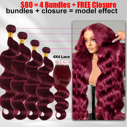 Gefily $80 Get 4bundles+Closure 99J Burgundy Red Body Wave Hair– Deep Wine Red Elegance, Smooth Texture & Lasting Volume