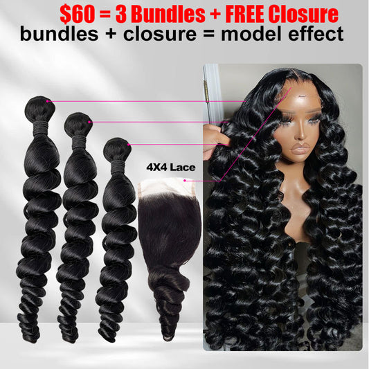 Gefily $60 Get 3 Bundles +Closure Brazilian Bundles Natural Black Loose Wave Hair – 100% Virgin Brazilian Hair