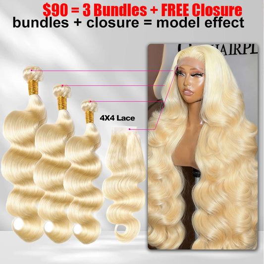 Gefily $90 GET 3 Bundles+Closure 613 Blonde Body Wave Bundles Hair